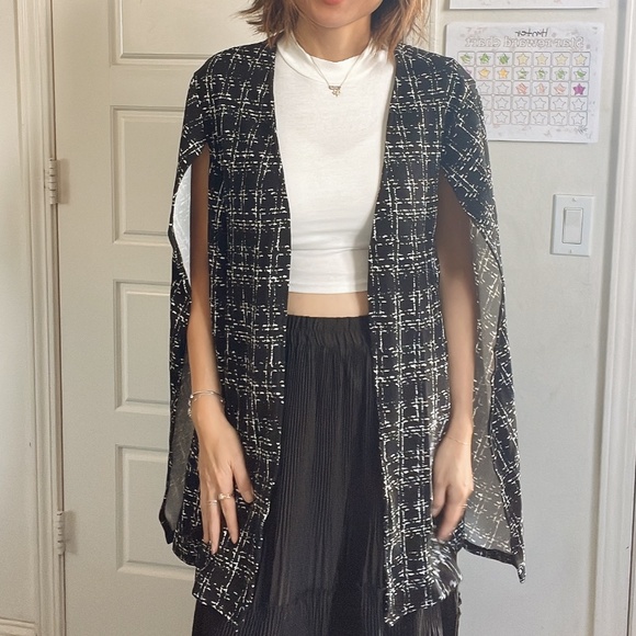 Classic Abstract Plaid Print Open Front Cape Blazer Jacket - Picture 3 of 11